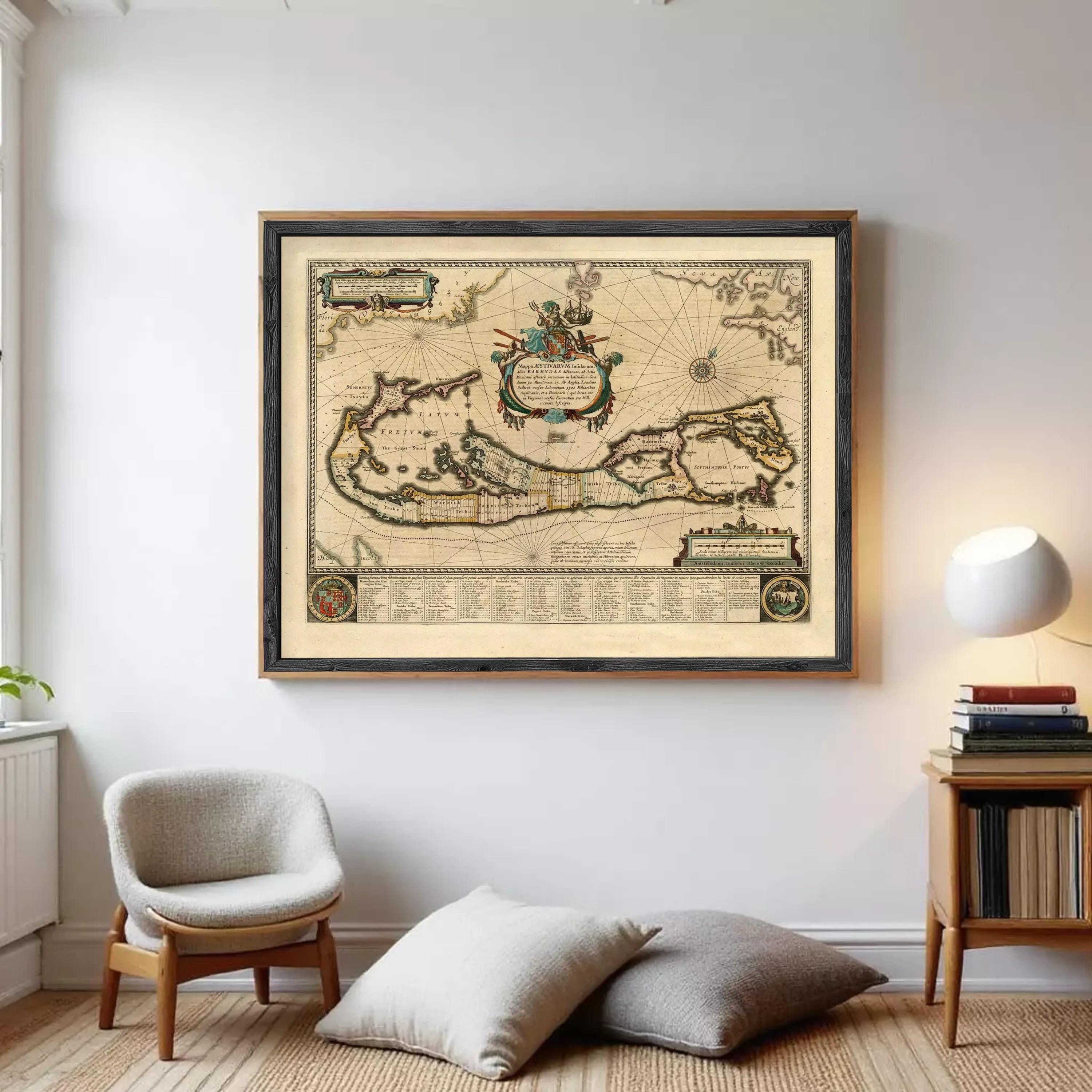 The image is a framed antique map of the Caribbean, featuring intricate details and a decorative border.