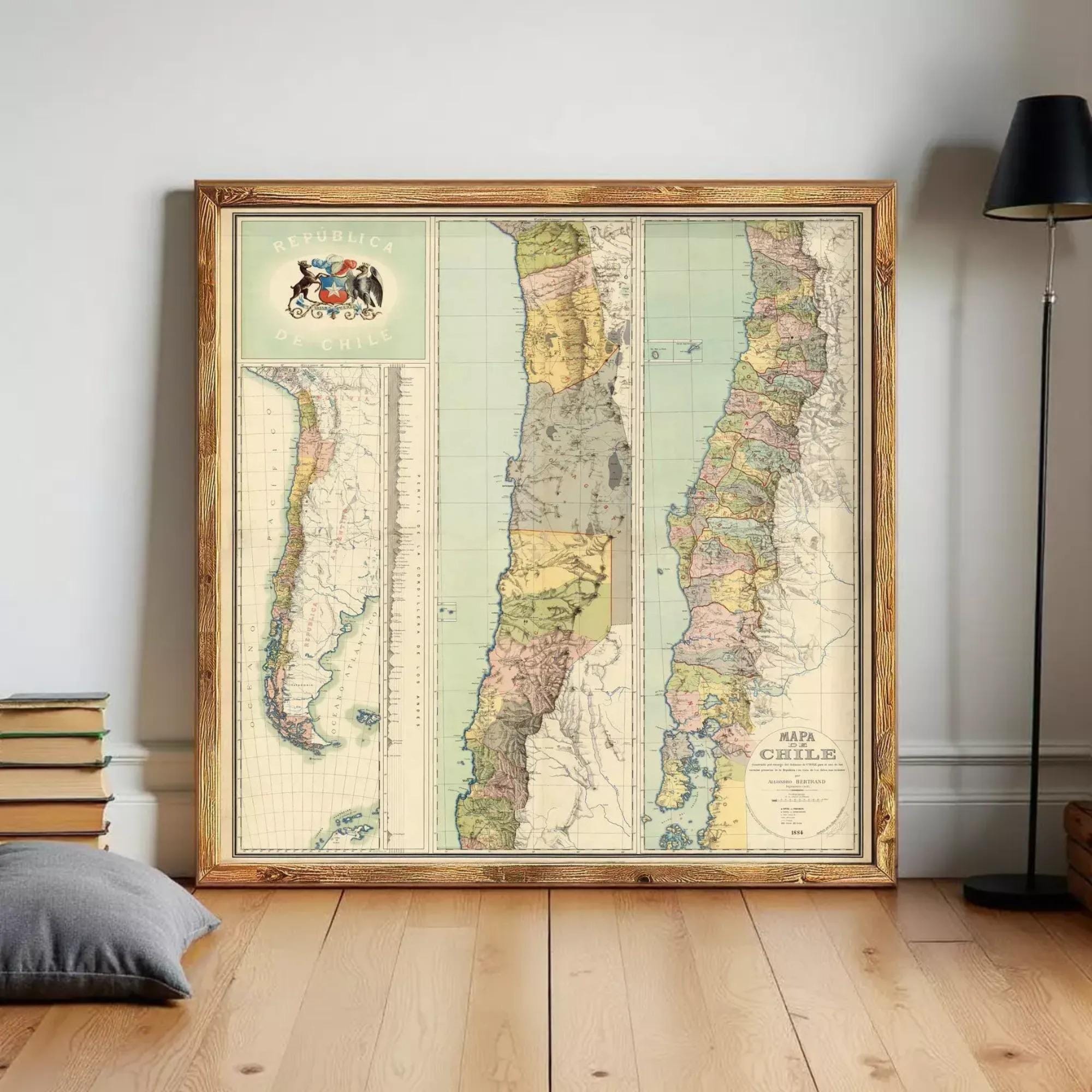 The image is a framed vintage map of Chile, depicting the country's geographical layout and boundaries.