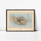 The image is a framed map of a mountainous region, likely depicting a mountainous island or peninsula.