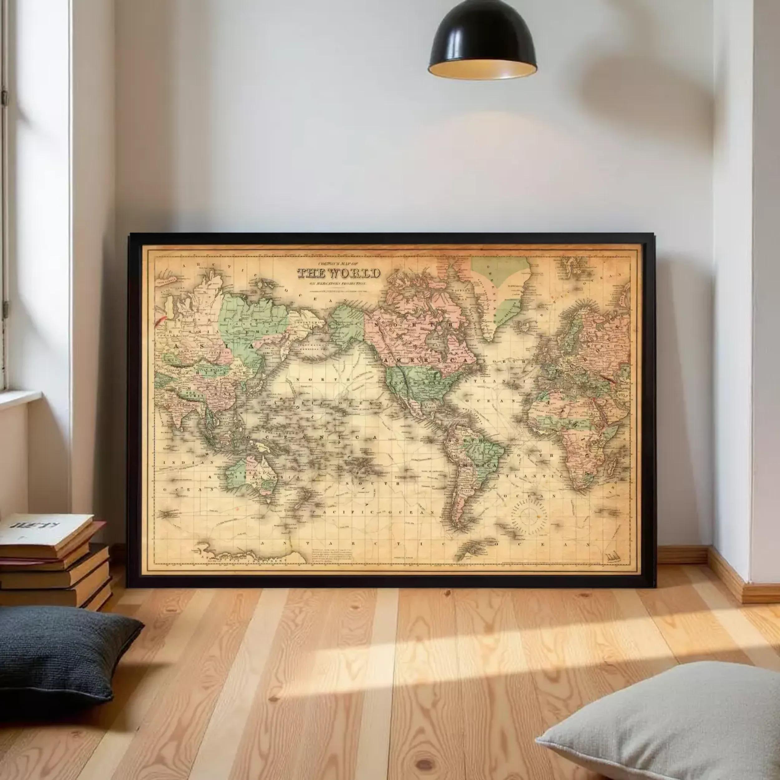 The image is a framed vintage map of the world, depicting the continents and oceans in a detailed and colorful manner.