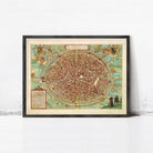 The image is a framed vintage map of a city, likely from the 16th century, depicting a detailed and intricate layout of the urban area.