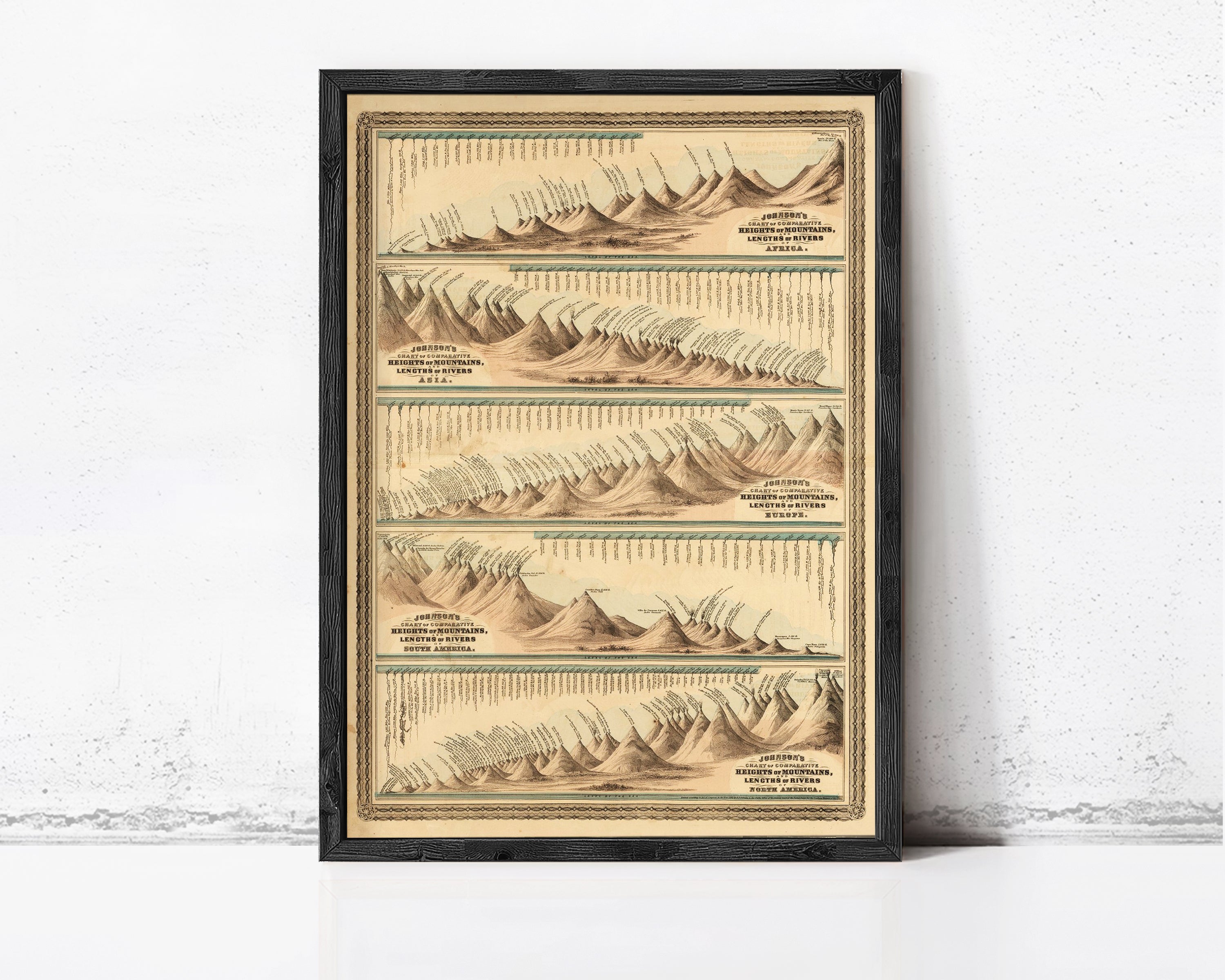 The image is a framed vintage map depicting various geographical features, including mountains, rivers, and coastlines.