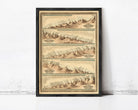 The image is a framed vintage map depicting various geographical features, including mountains, rivers, and coastlines.