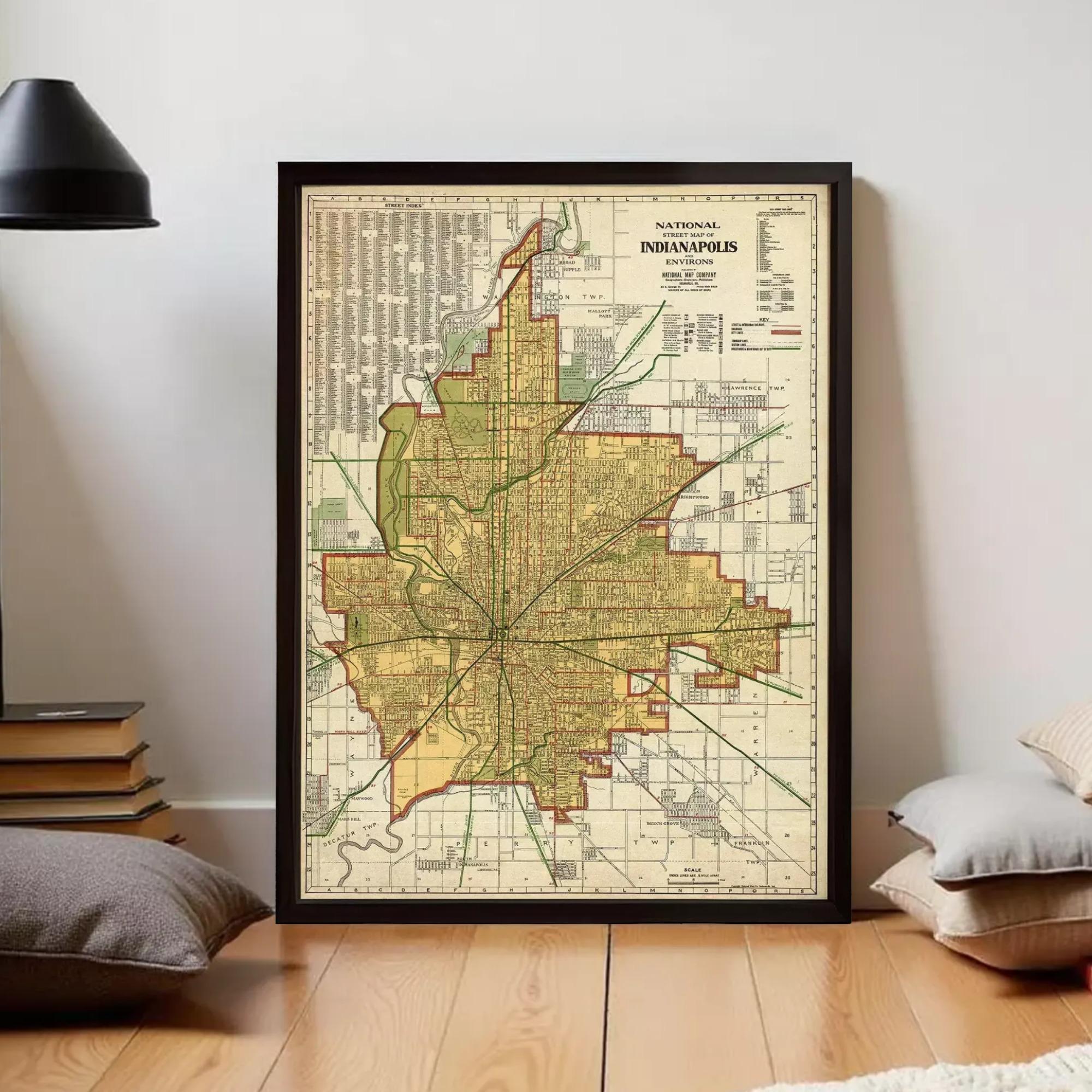 The image is a framed vintage map of Indianapolis, Indiana, showing the city's streets and surrounding areas.