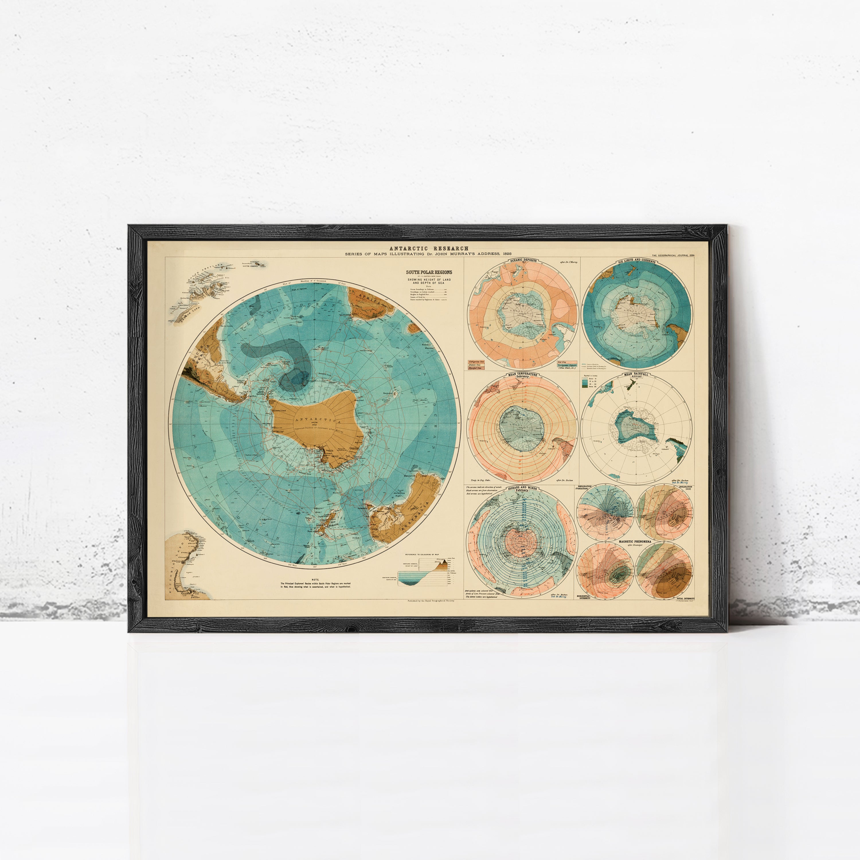 The image is a framed vintage map of the Arctic region, depicting various regions and zones of the Arctic Ocean.