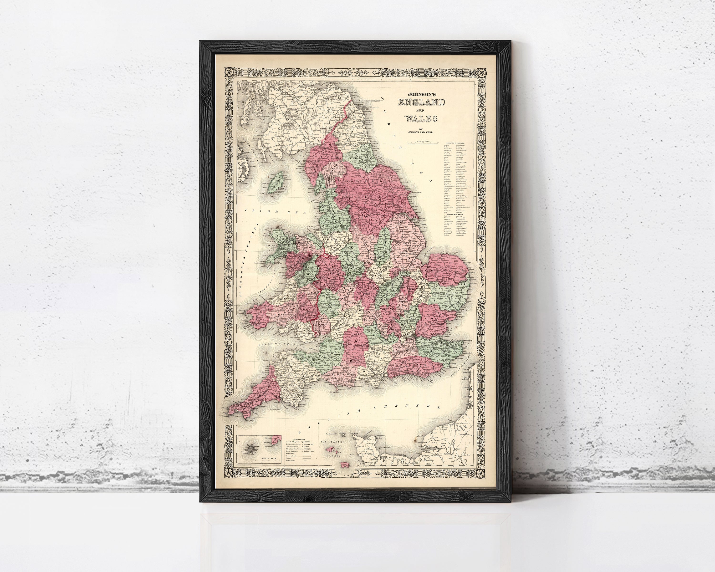 A framed map of England and Wales, depicting the country's geographical layout and boundaries.