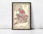 A framed map of England and Wales, depicting the country's geographical layout and boundaries.