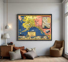 The image is a framed vintage map of Alaska, depicting various landmarks and locations across the state.