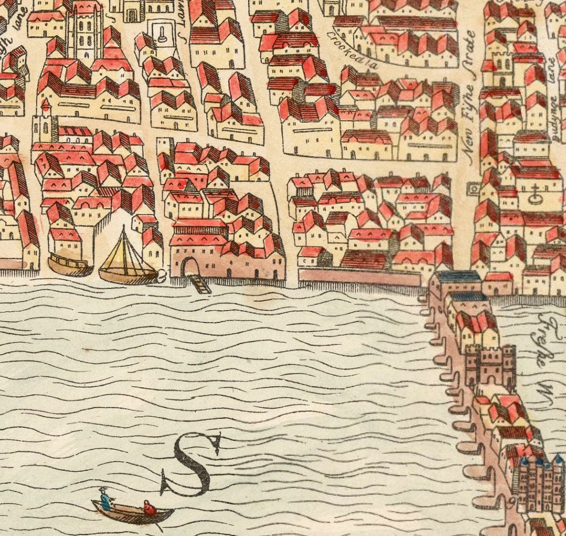 The image is a detailed map of a city, depicting a river, boats, and buildings along the waterfront.