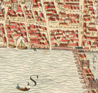 The image is a detailed map of a city, depicting a river, boats, and buildings along the waterfront.