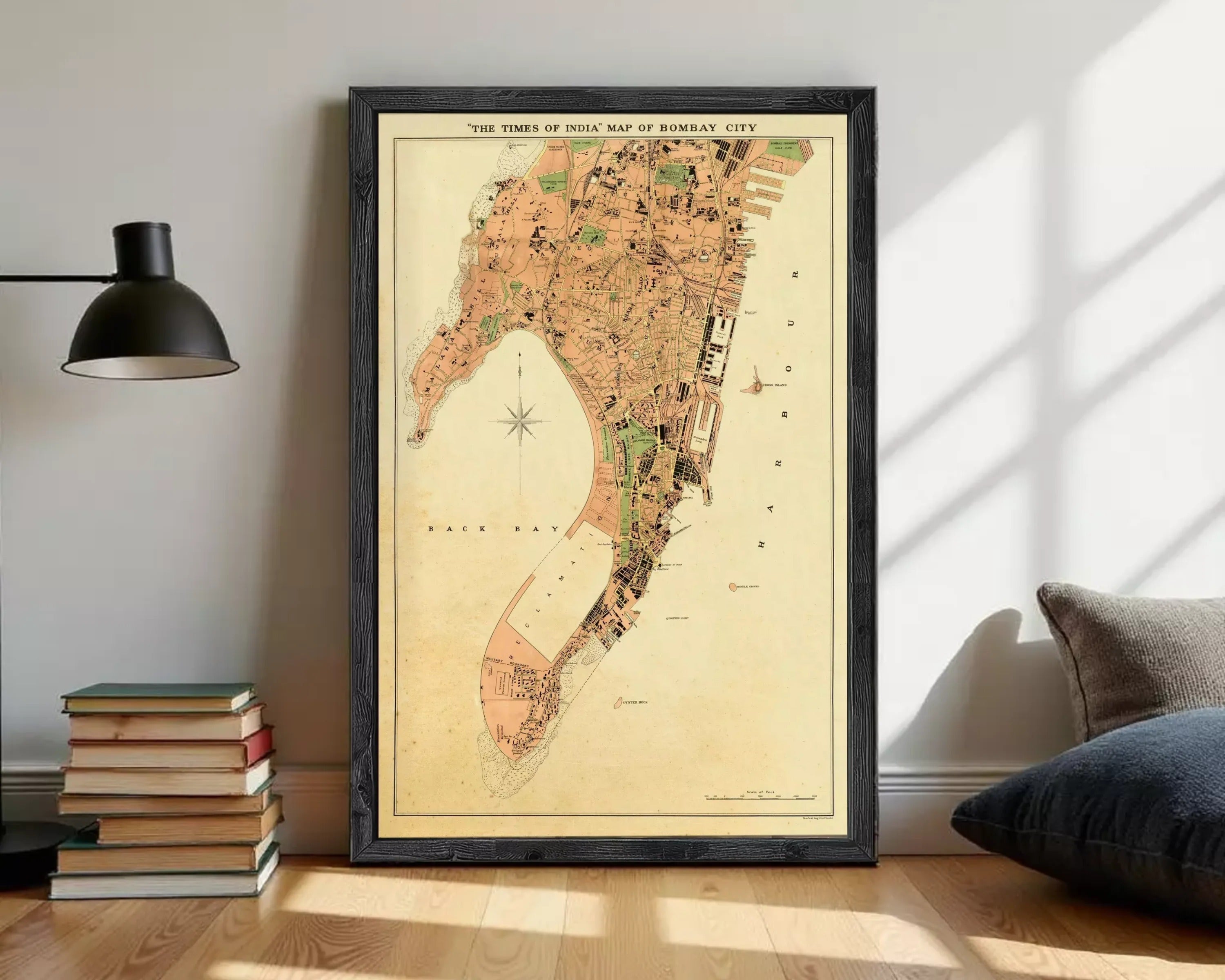 The image is a framed vintage map of the city of Manhattan, New York, depicting the city's layout and surrounding areas.