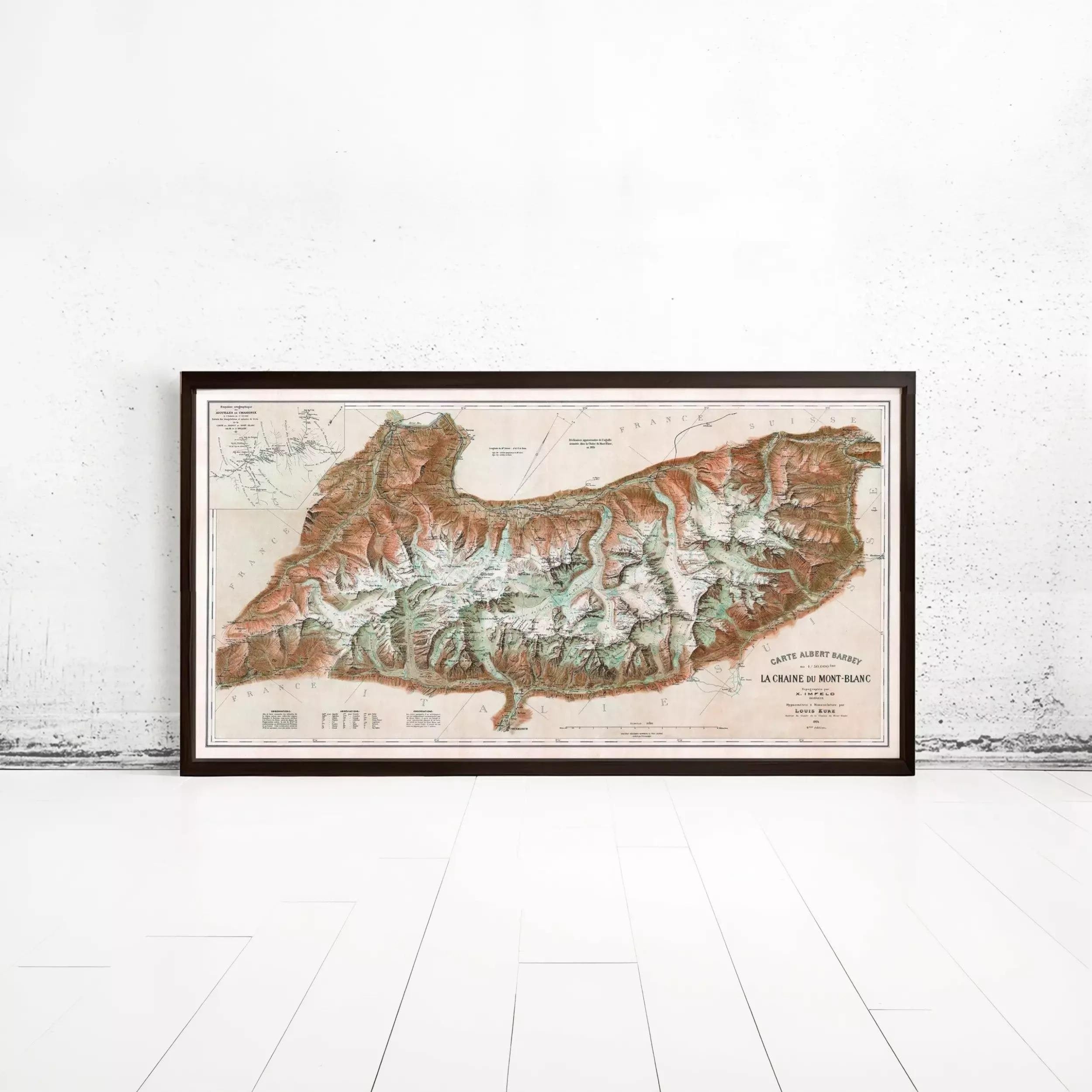 The image is a framed map of the La Chaine de Mont Blanc, a mountain range in France.
