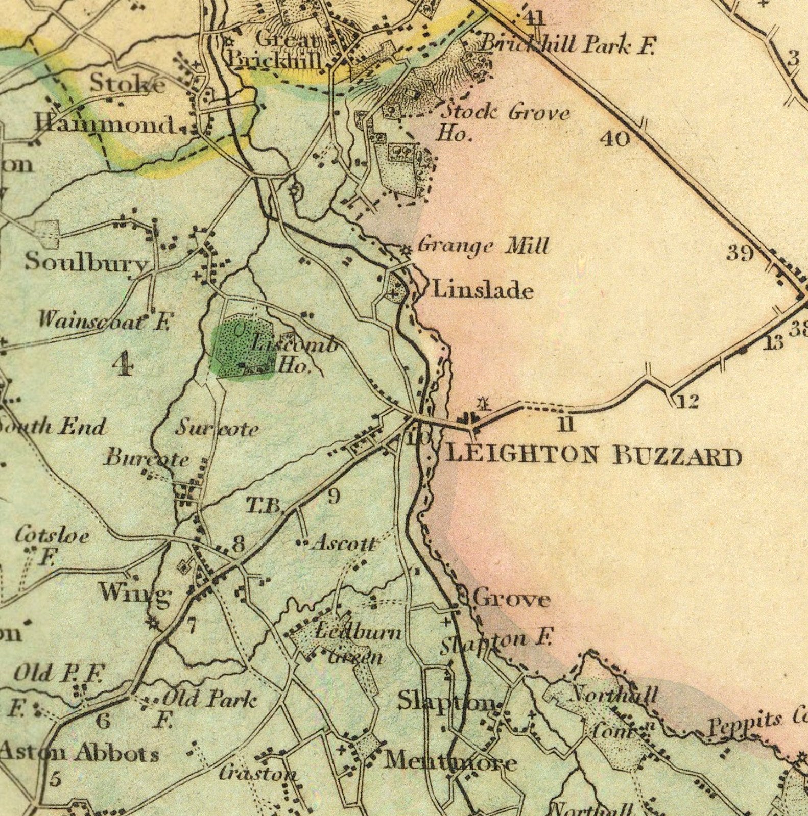 The image is a vintage map showing a region with various towns and landmarks, including Stoke, Hammond, and Leighton Buzzard.
