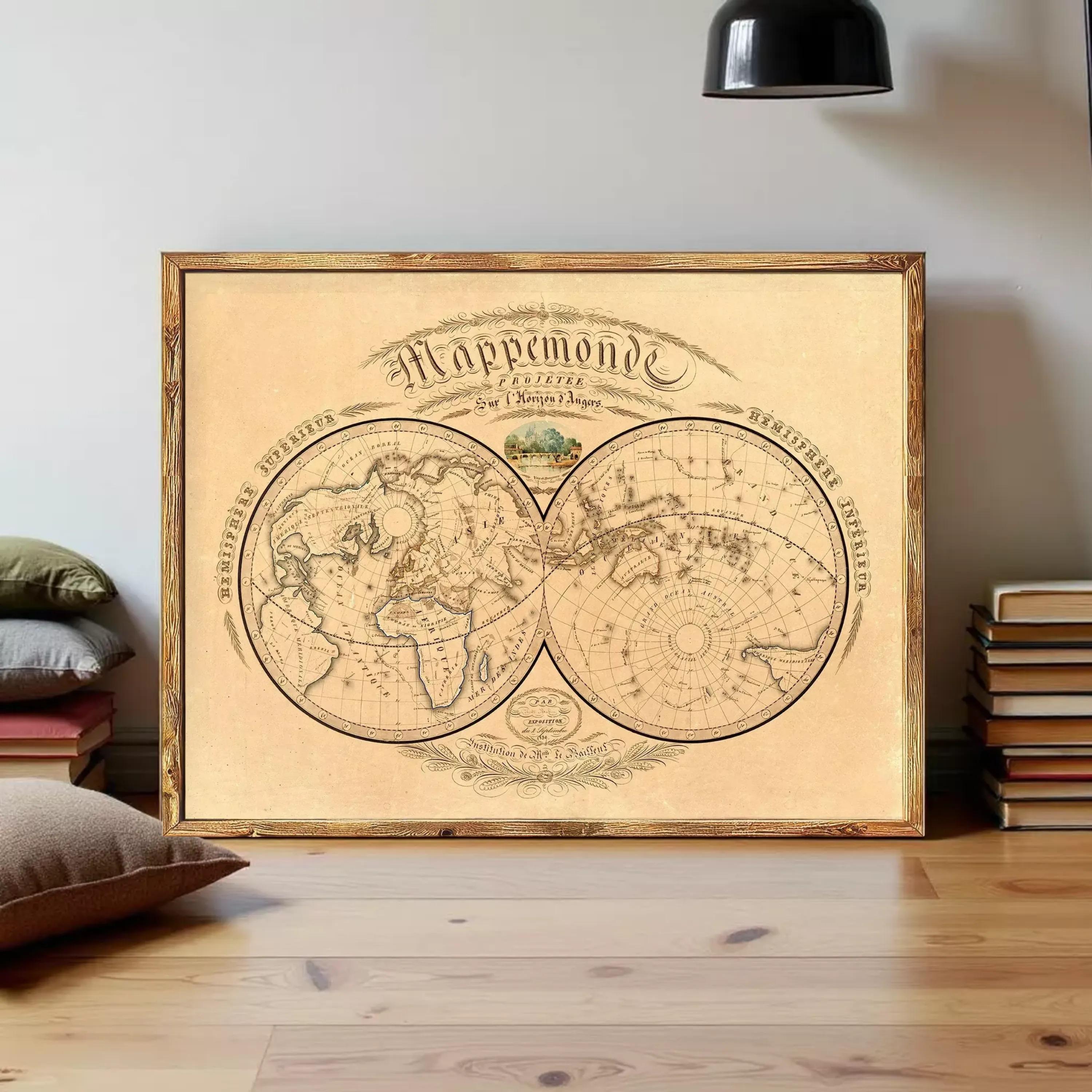 The image is a framed vintage map of the world, depicting a detailed and intricate representation of the continents and oceans.