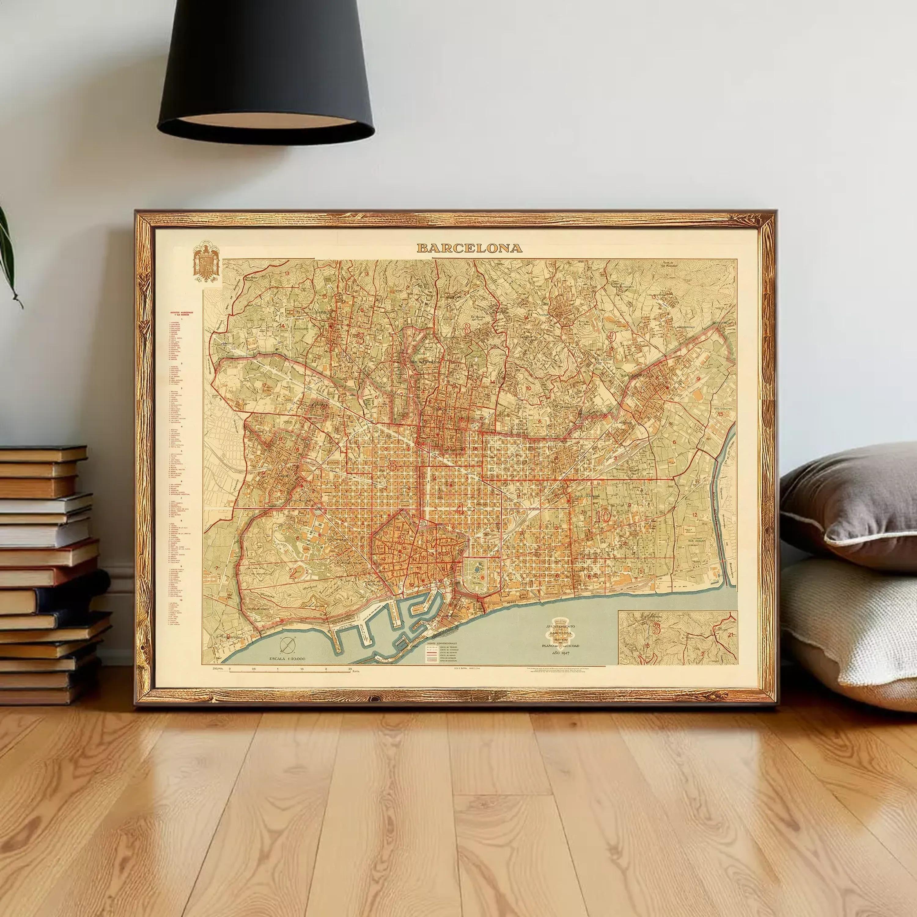 The image is a framed vintage map of Barcelona, Spain, depicting the city's streets and landmarks.