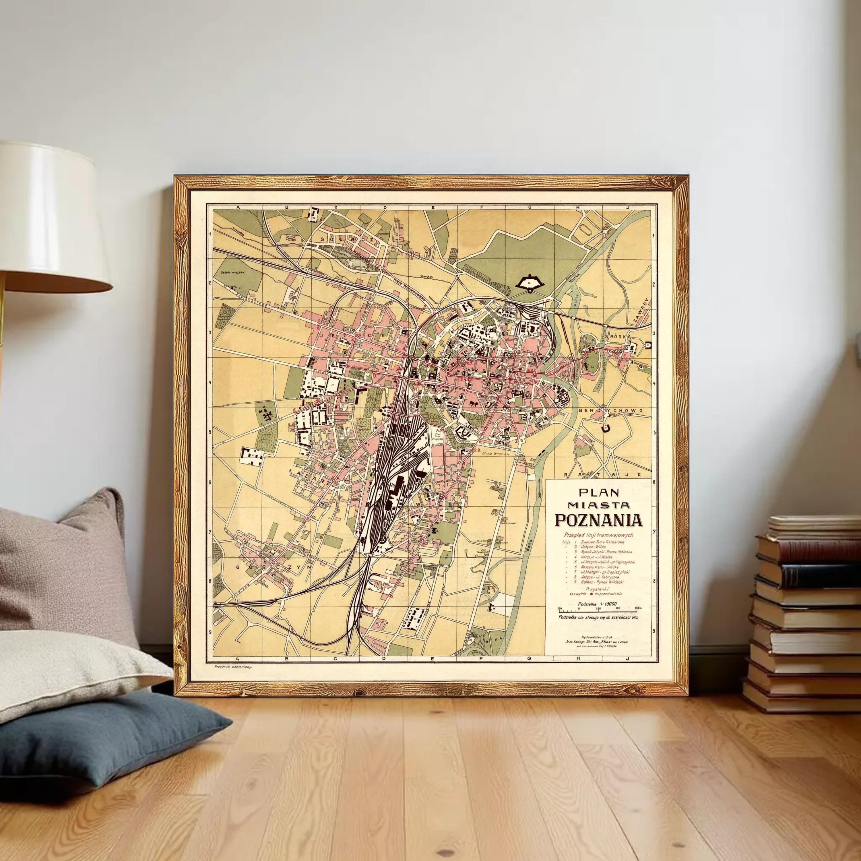The image is a framed map of Poznan, Poland, depicting the city's layout and surrounding areas.
