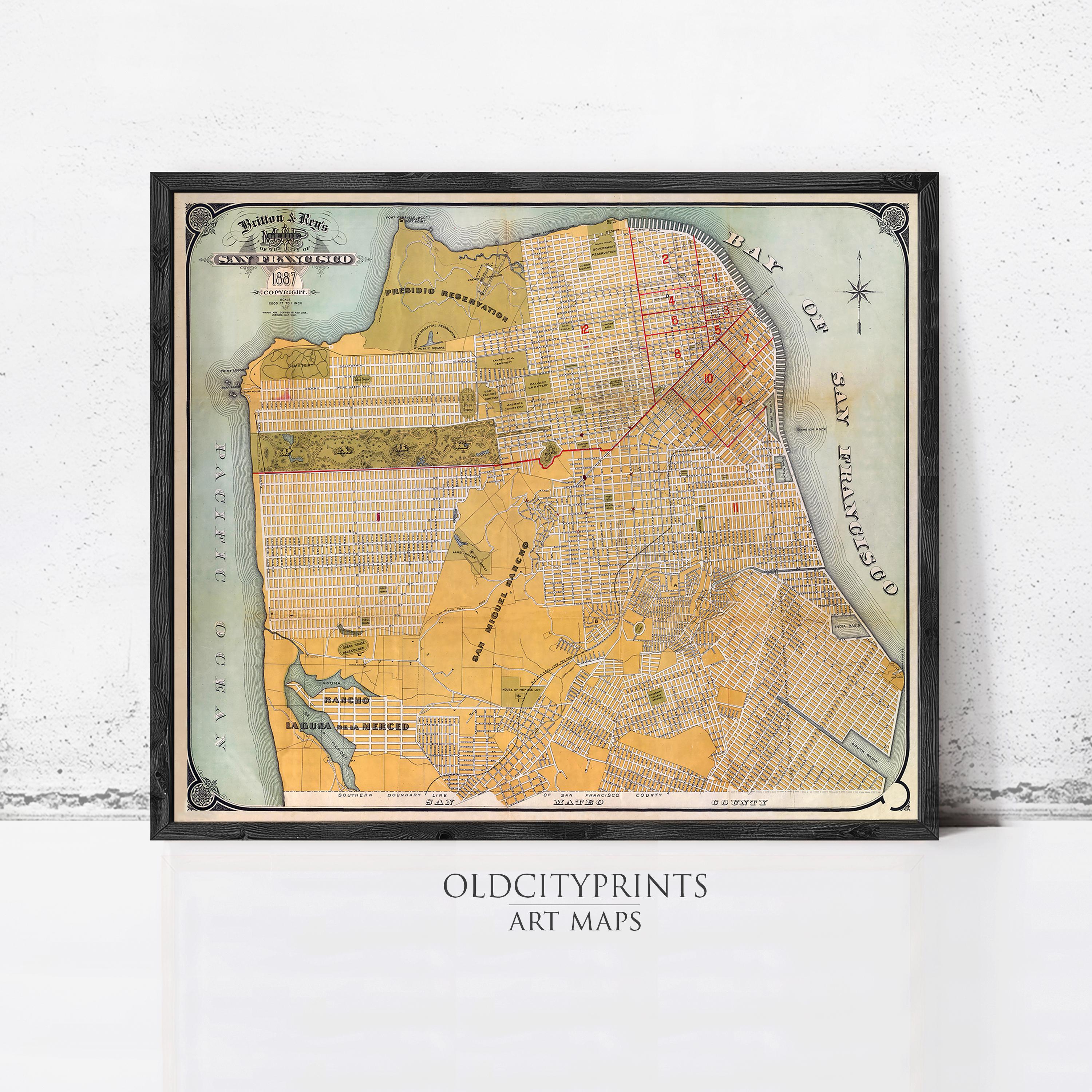 The image is a framed vintage map of San Francisco, California, with a black border and a vintage-style design.