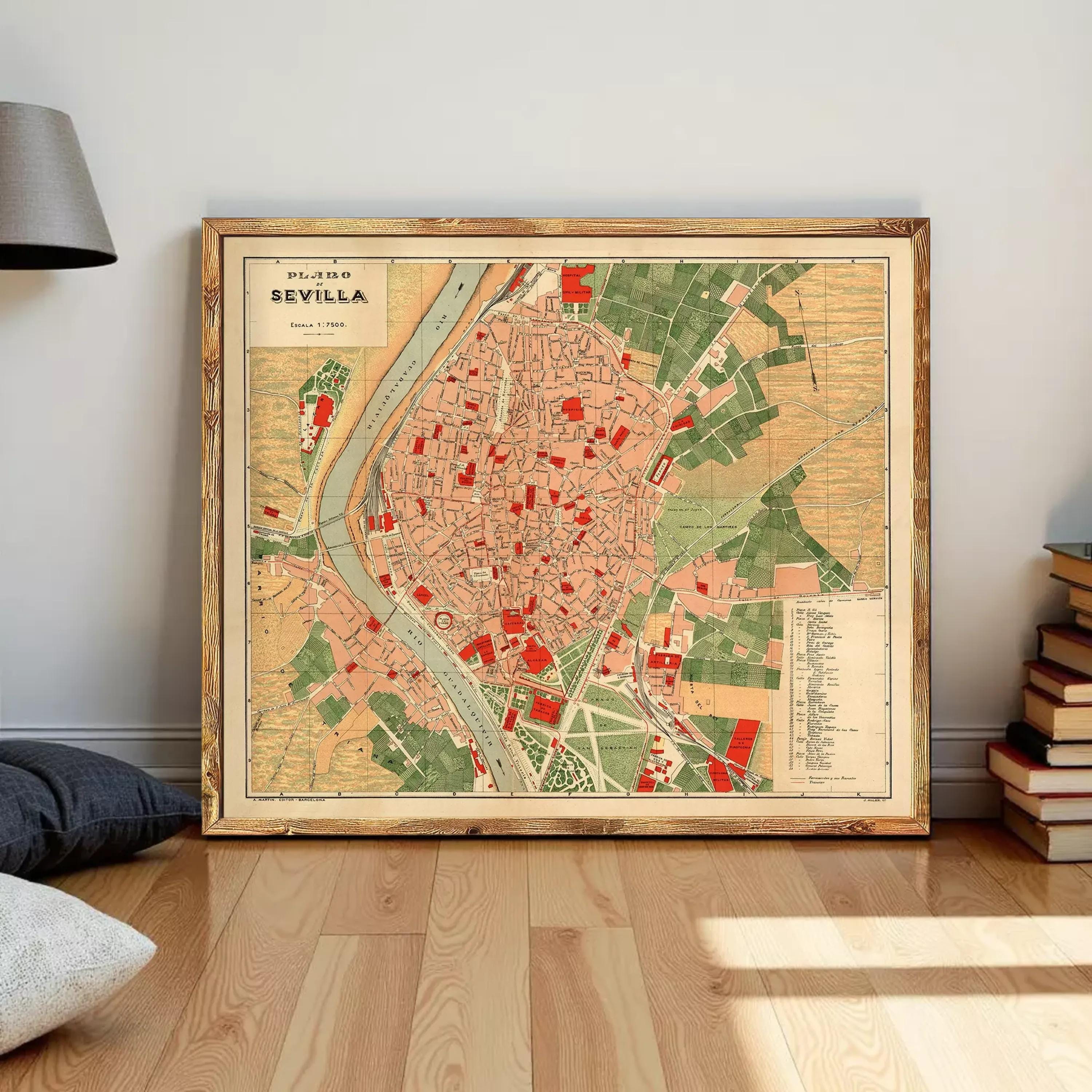 The image is a framed vintage map of the city of Seville, Spain, depicting the city's layout and surrounding areas.