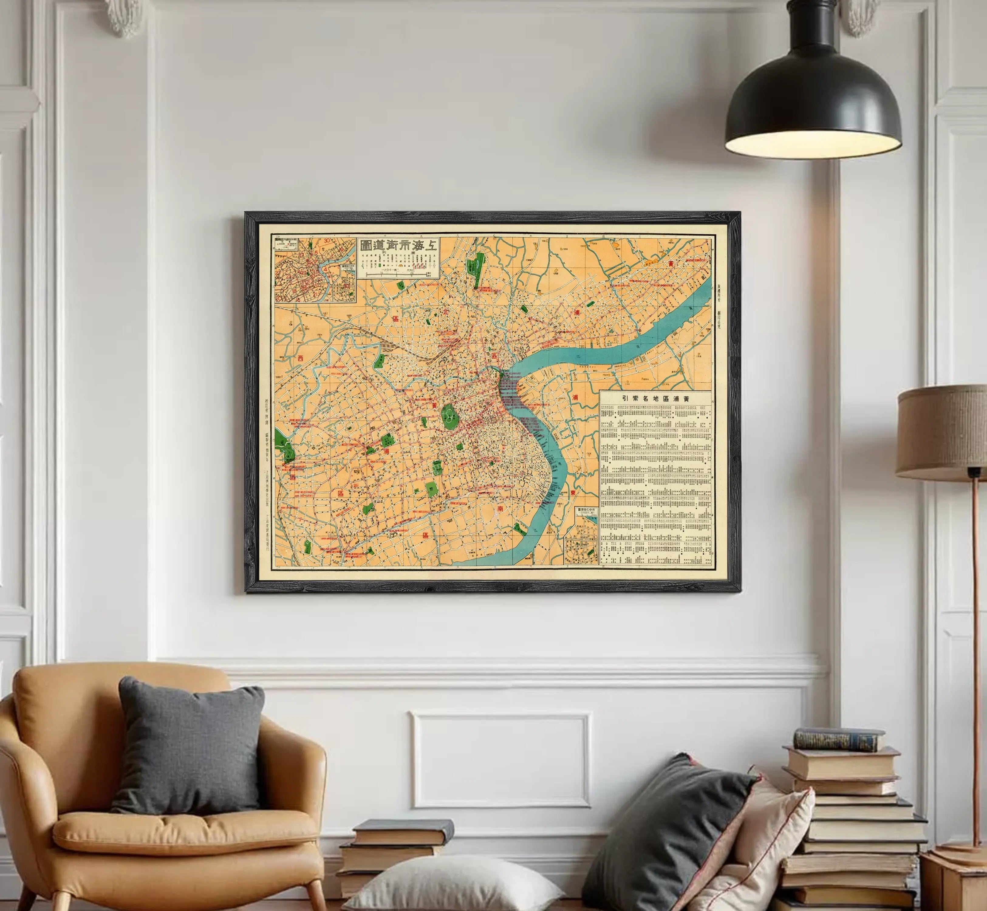 The image is a framed vintage map of a city, likely from the early 20th century, with a focus on the urban layout and surrounding areas.