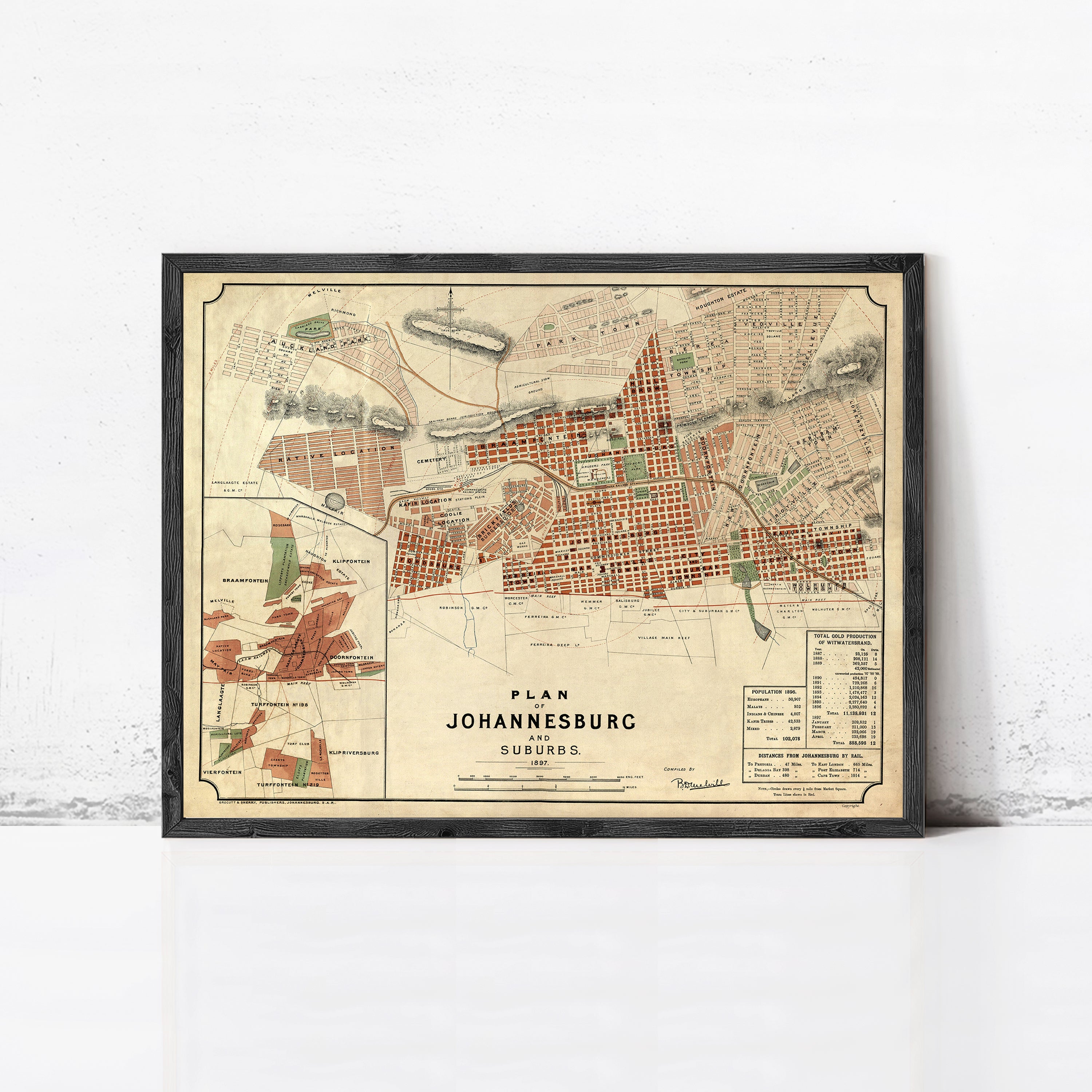 The image is a framed map of Johannesburg, South Africa, depicting the city's layout and surrounding areas.