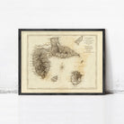 The image is a framed antique map of the Guadeloupe archipelago, which is a group of islands located in the Caribbean Sea.