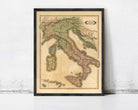 The image is a framed vintage map of Italy, depicting the country's geographical layout and surrounding areas.