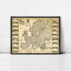 The image is a framed antique map of Europe, depicting various regions and countries across the continent.