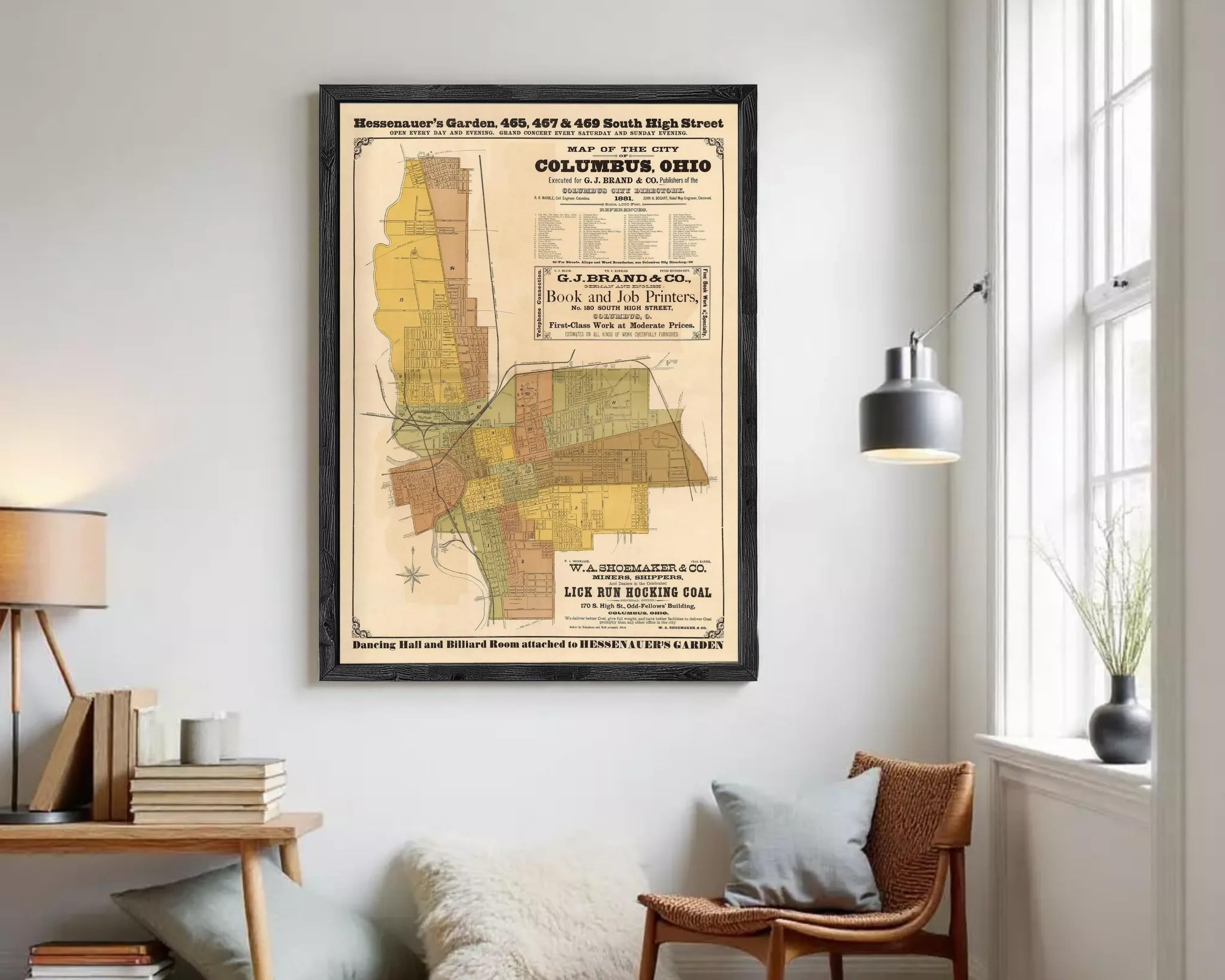 The image is a framed vintage map of the city of Columbus, Ohio, depicting the layout of the city and surrounding areas.