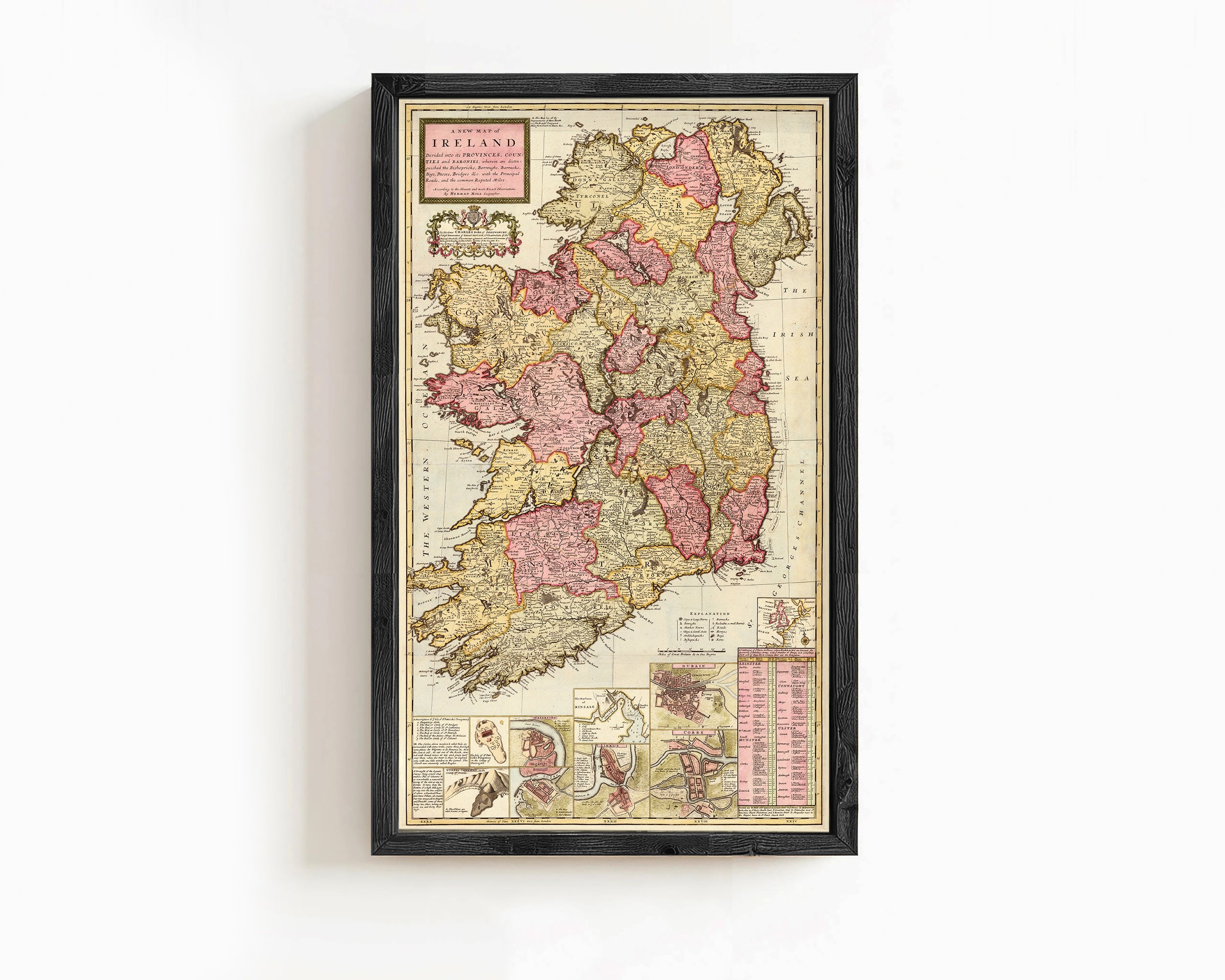 The image is a framed map of Ireland, depicting the country's geographical layout and boundaries.