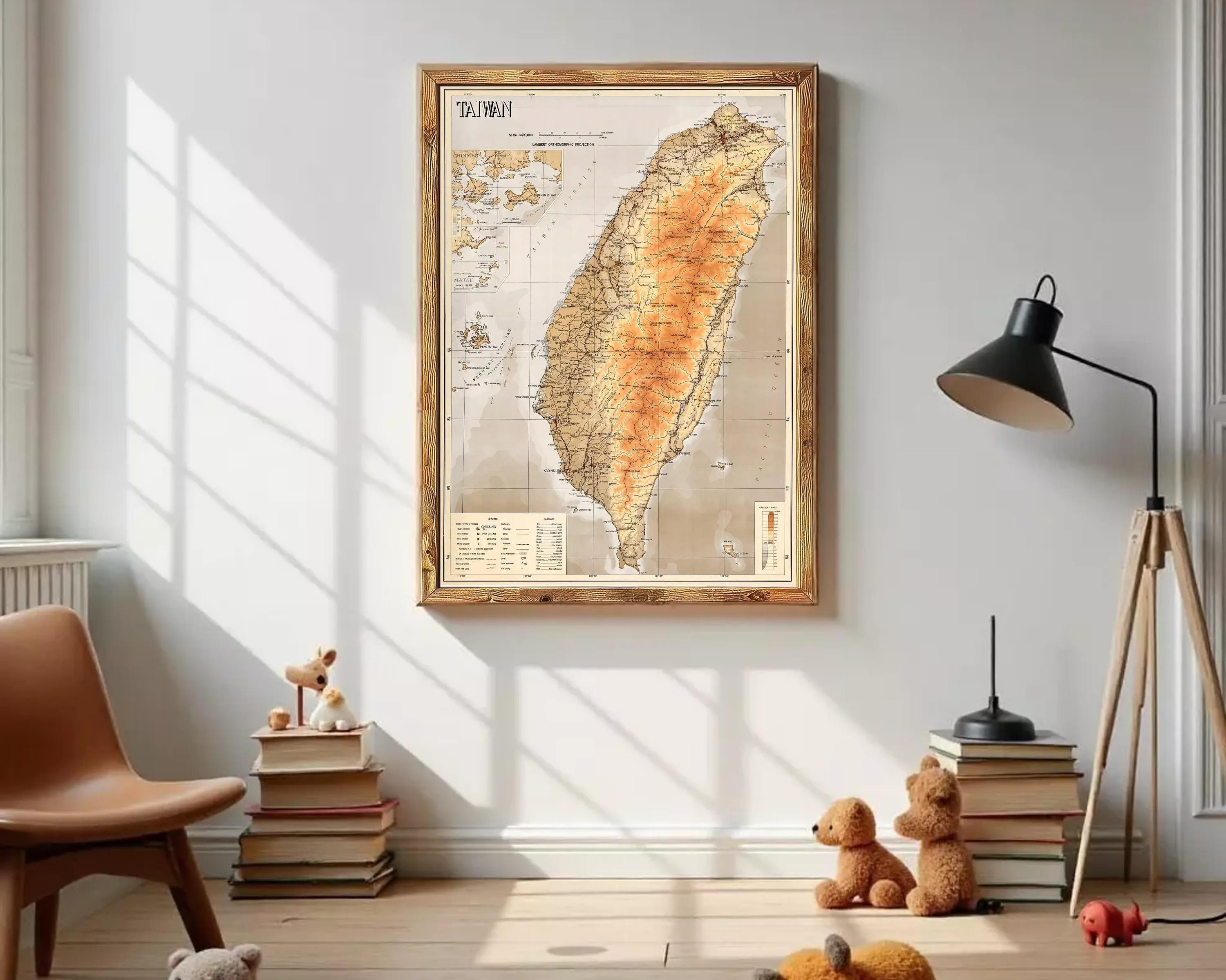 The image is a framed map of Taiwan, depicting the country's geographical layout and surrounding areas.