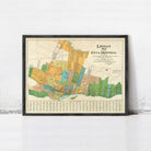 The image is a framed map of the city of Montreal, Canada, with various colored sections representing different neighborhoods and areas within the city.