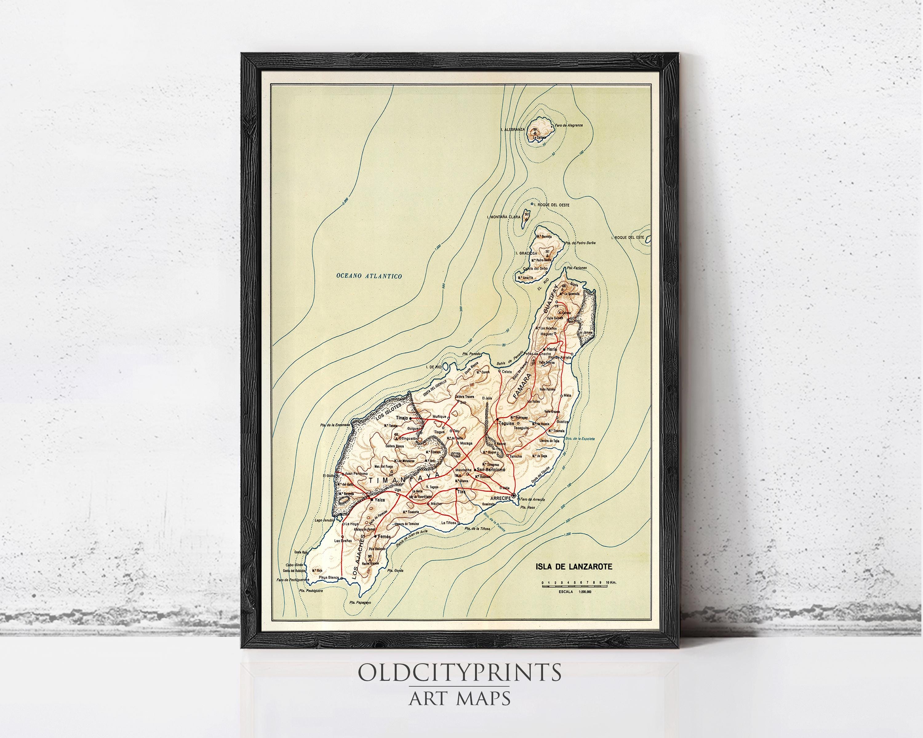 The image is a framed vintage map of the island of Lanzarote, showing the island's geographical features and surrounding areas.