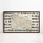 The image is a framed vintage map of a region, likely a country or state, with various photographs and text overlaid on it.