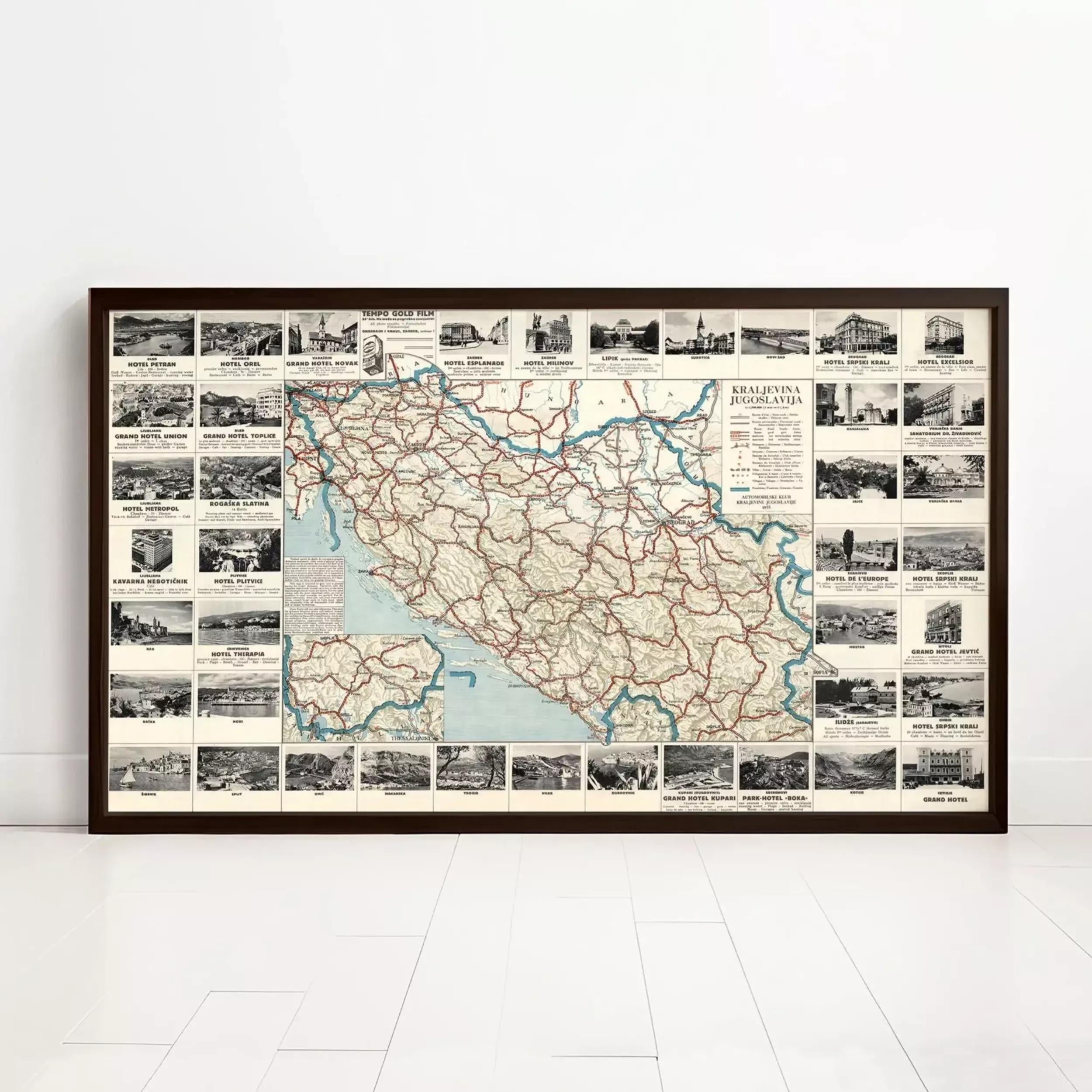 The image is a framed vintage map of a region, likely a country or state, with various photographs and text overlaid on it.