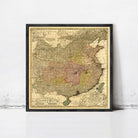 The image is a framed vintage map of China, depicting the country in a detailed and intricate manner.