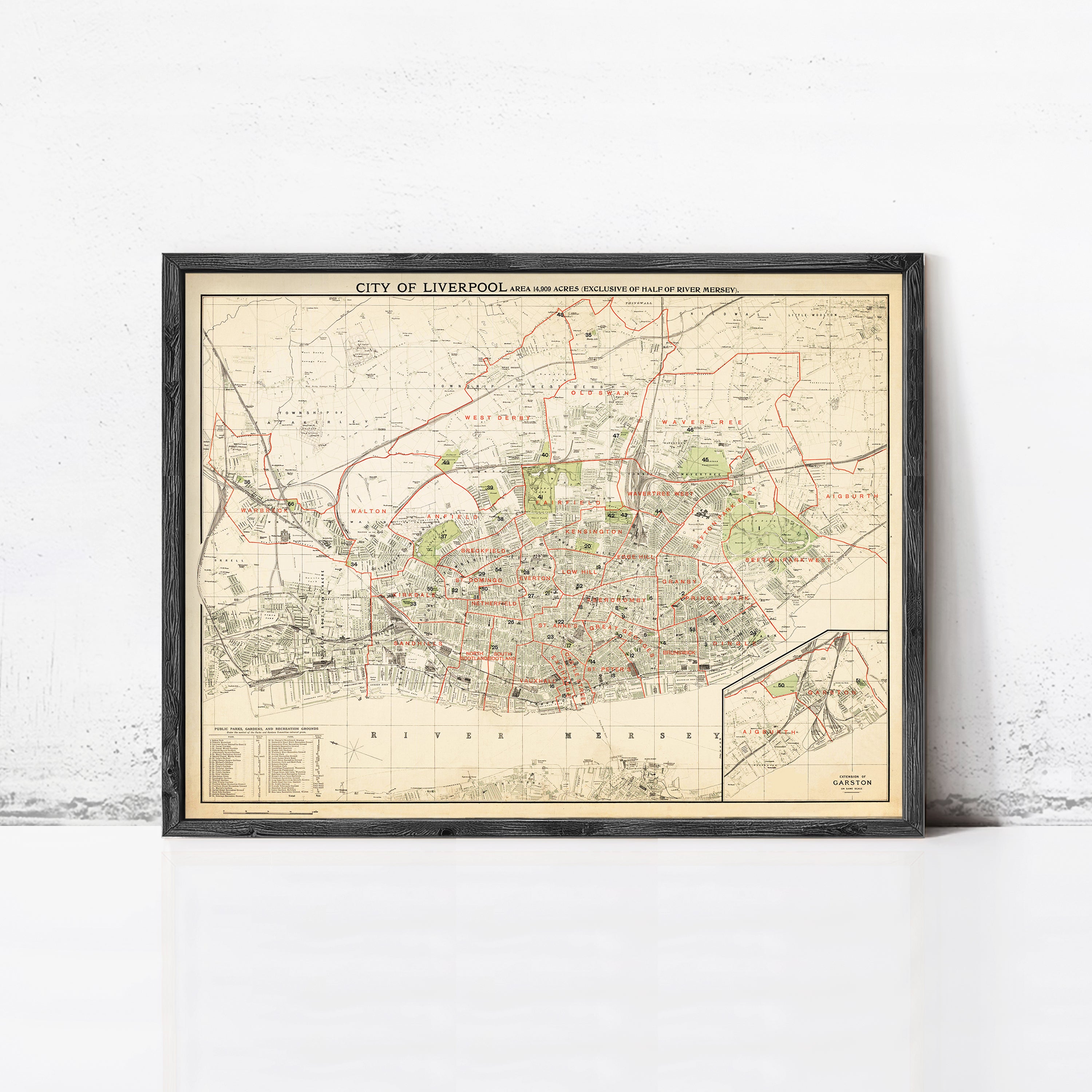 The image is a framed vintage map of Liverpool, England, depicting the city's layout and surrounding areas.