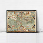 The image is a framed vintage map of the world, featuring intricate details and illustrations.