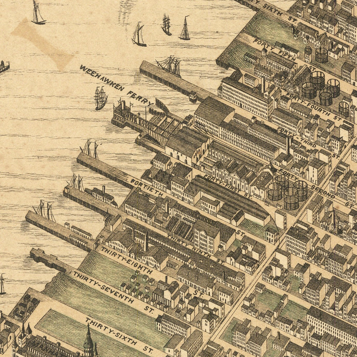 The image is a detailed map of a city, showing streets, buildings, and a harbor.