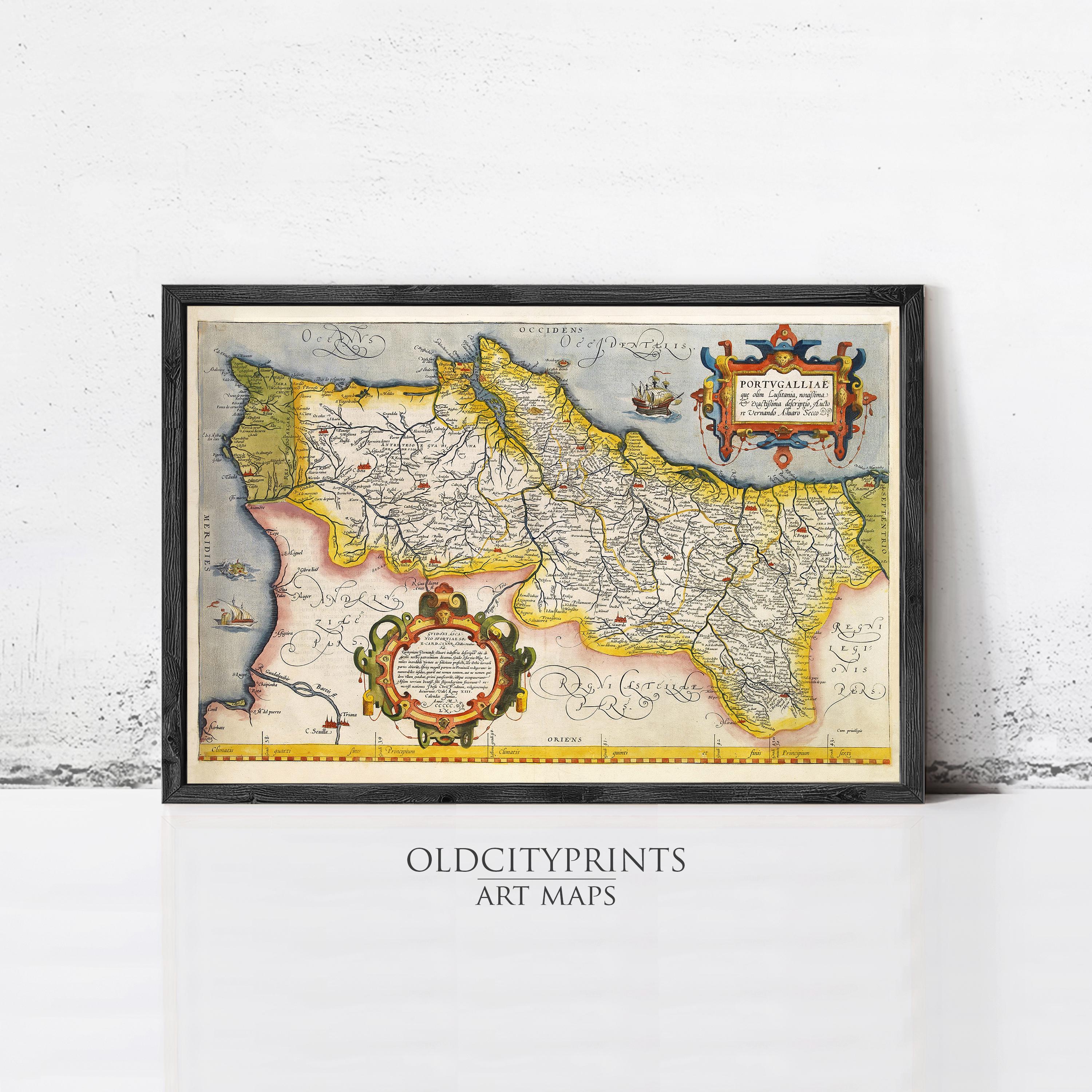 The image is a framed antique map of a region, likely from the 16th century, with intricate details and decorative elements.