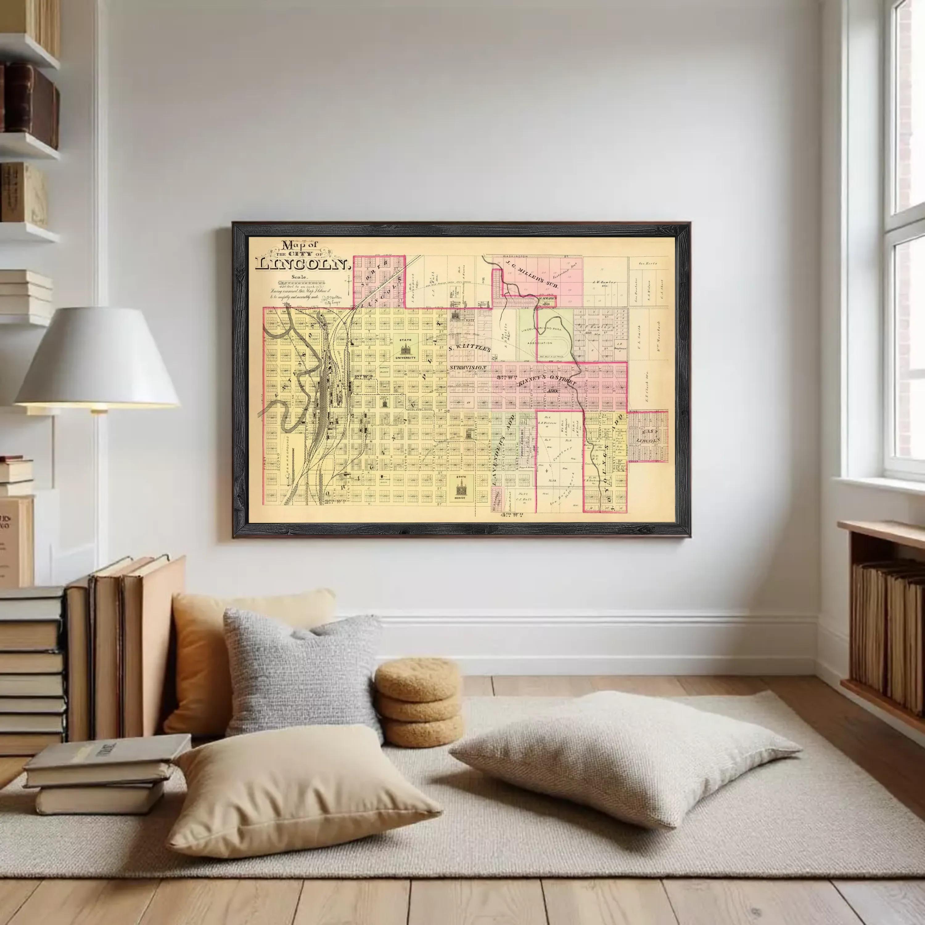 The image is a framed map of the city of Lincoln, showing the layout of the city and surrounding areas.