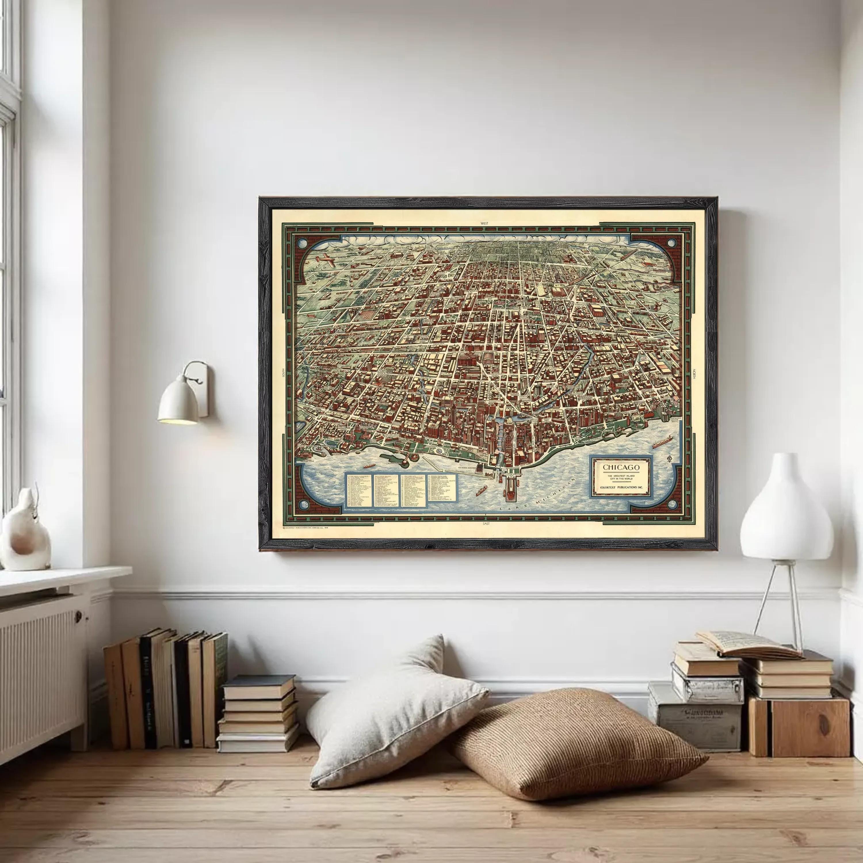 The image is a framed vintage map of Chicago, Illinois, United States.