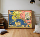 The image is a framed vintage map of Alaska, depicting various landmarks and locations across the state.