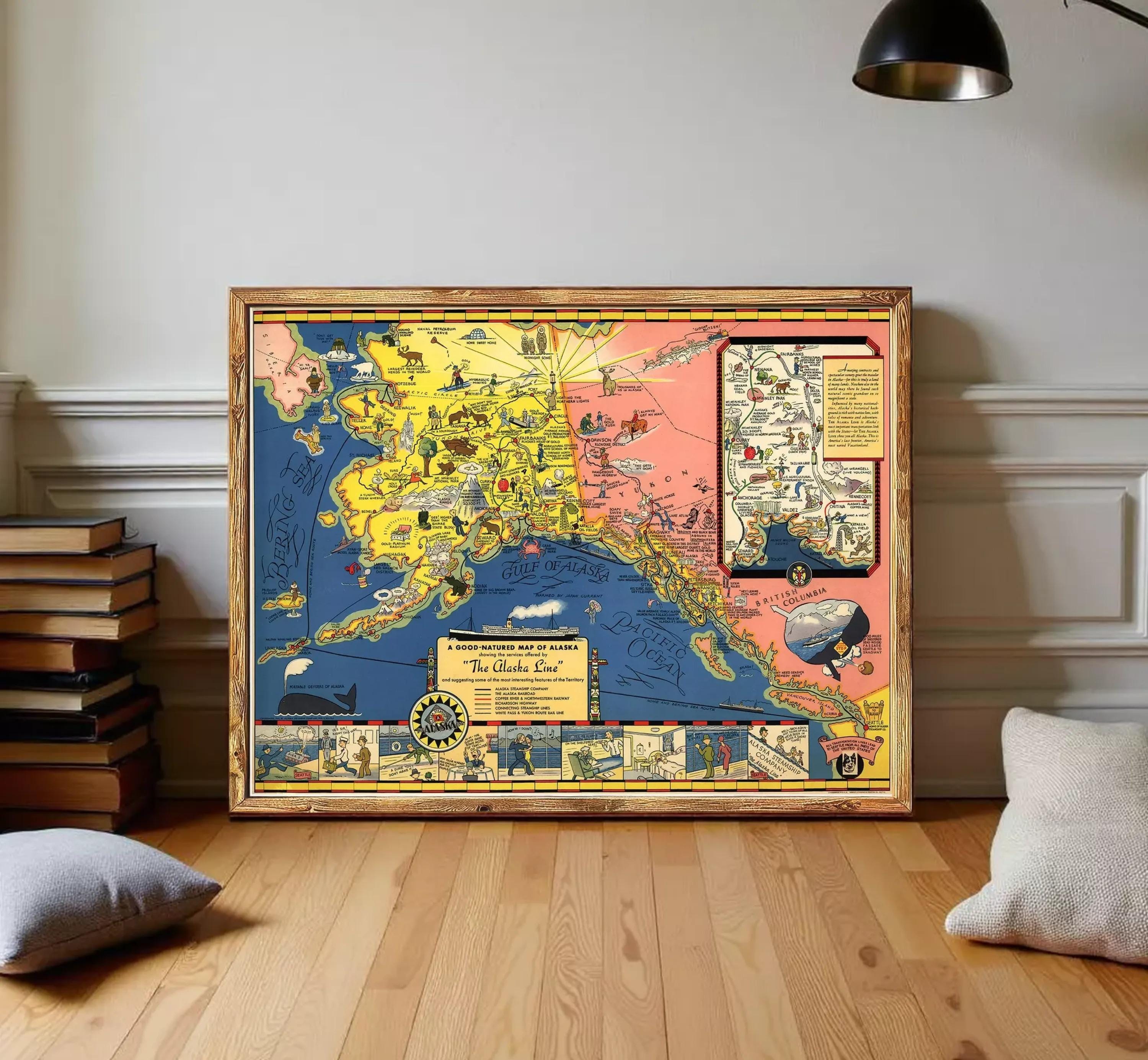 The image is a framed vintage map of Alaska, depicting various landmarks and locations across the state.