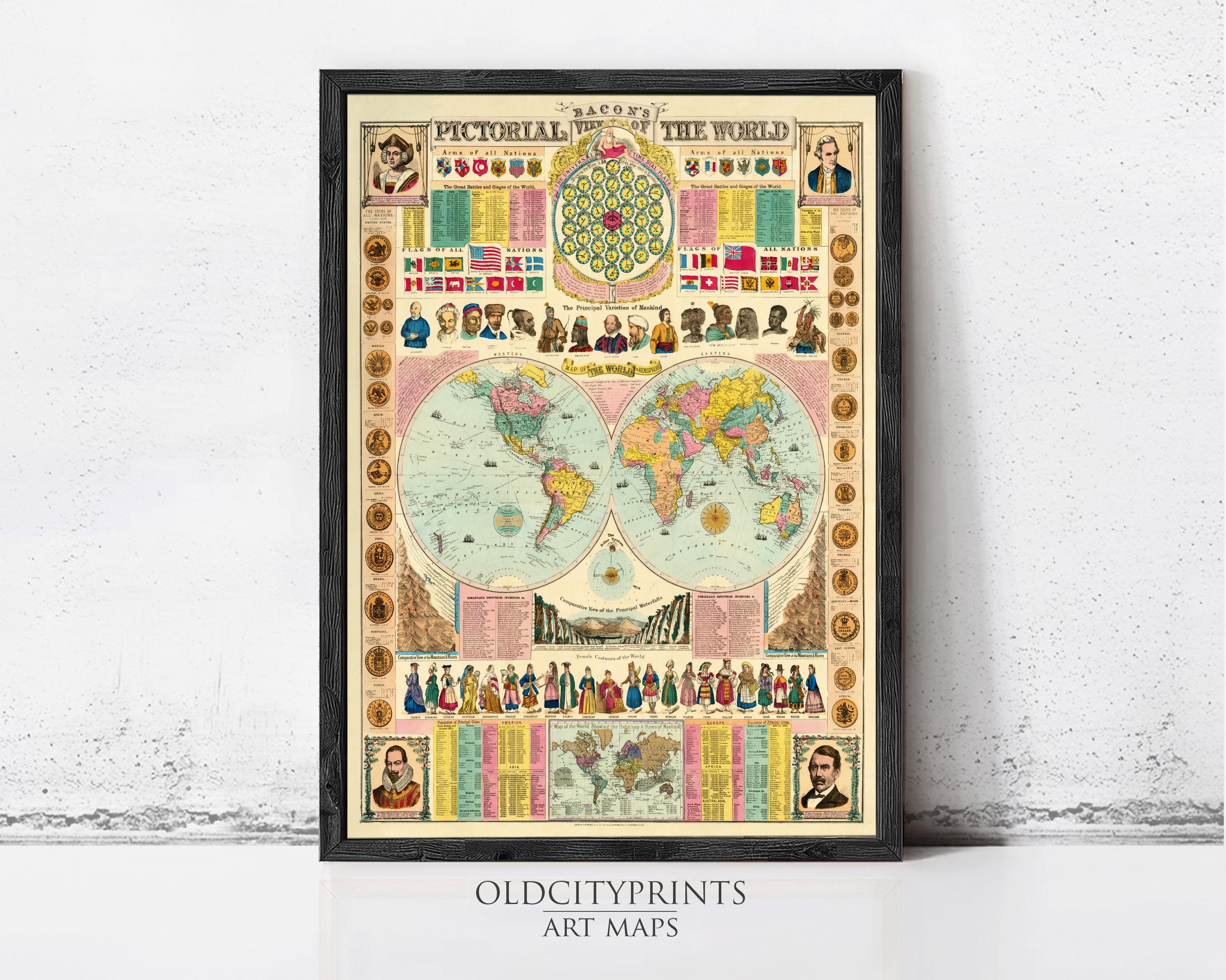 The image is a framed vintage map of the world, featuring various illustrations and text elements such as flags, people, and landmarks.