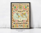 The image is a framed vintage map of the world, featuring various illustrations and text elements such as flags, people, and landmarks.