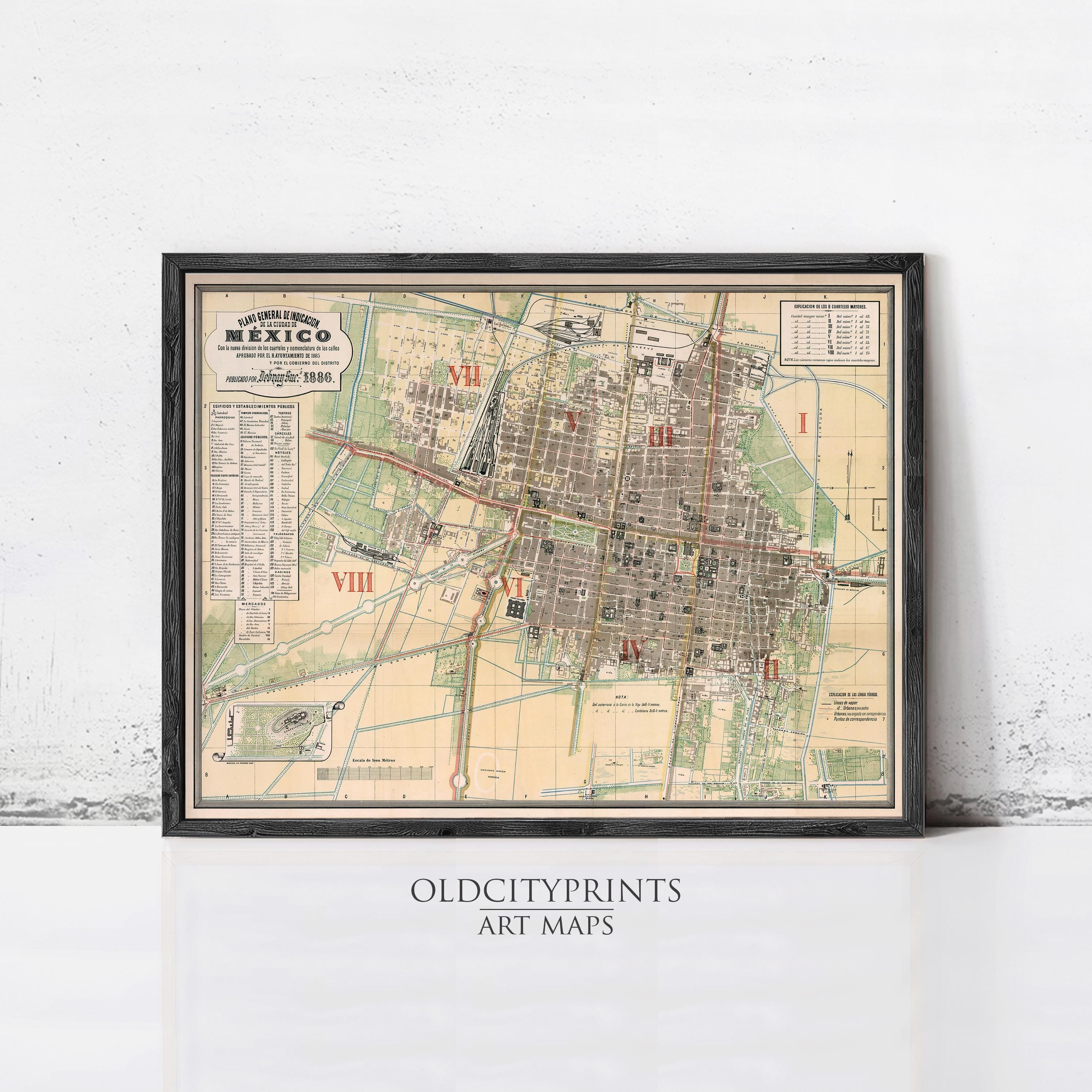 The image is a framed vintage map of Mexico, depicting the city of Mexico City, with various streets, landmarks, and geographical features labeled.