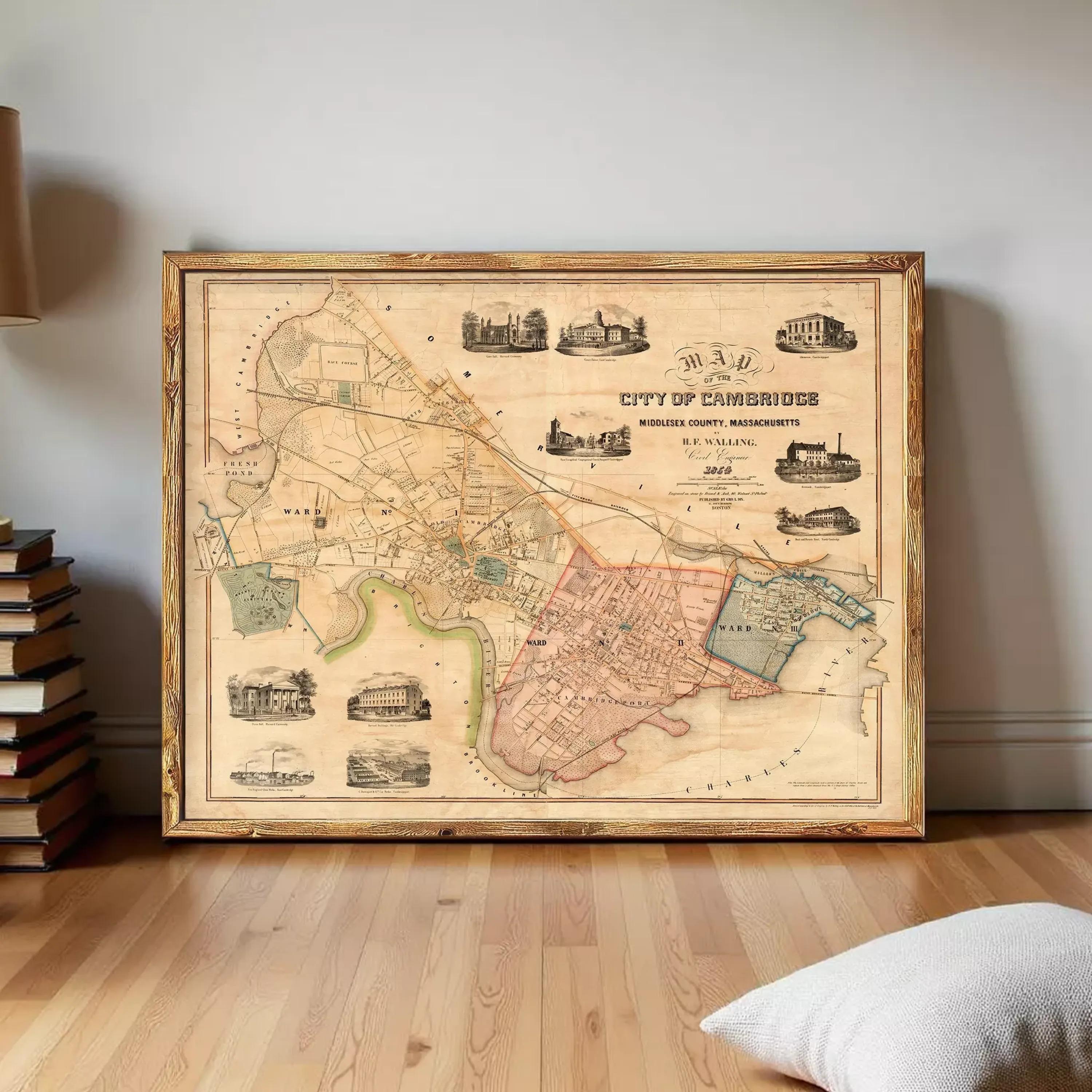 The image is a framed antique map of the city of Cambridge, Massachusetts, dated 1853.