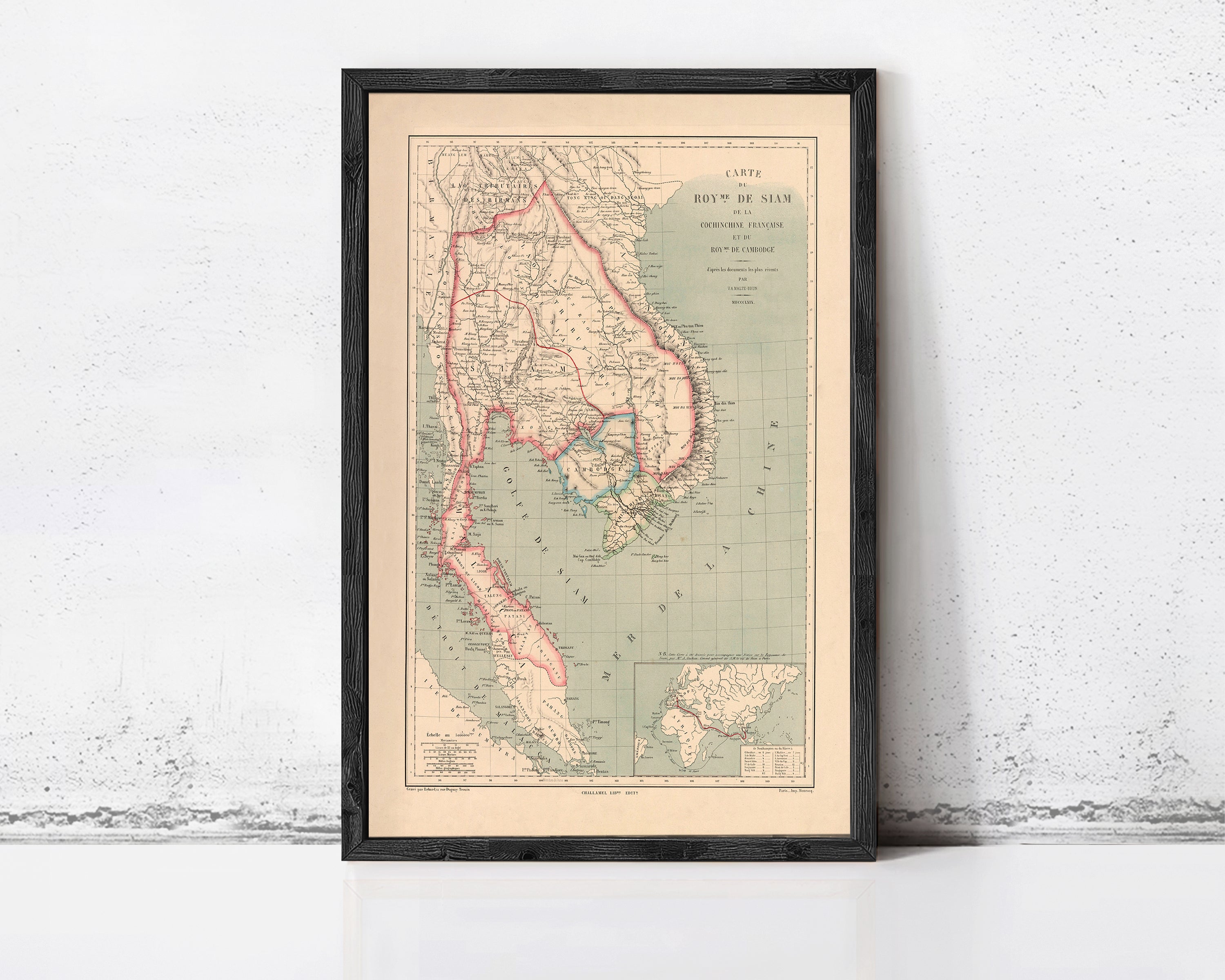 The image is a framed vintage map of Southeast Asia, depicting the countries and regions of the region.