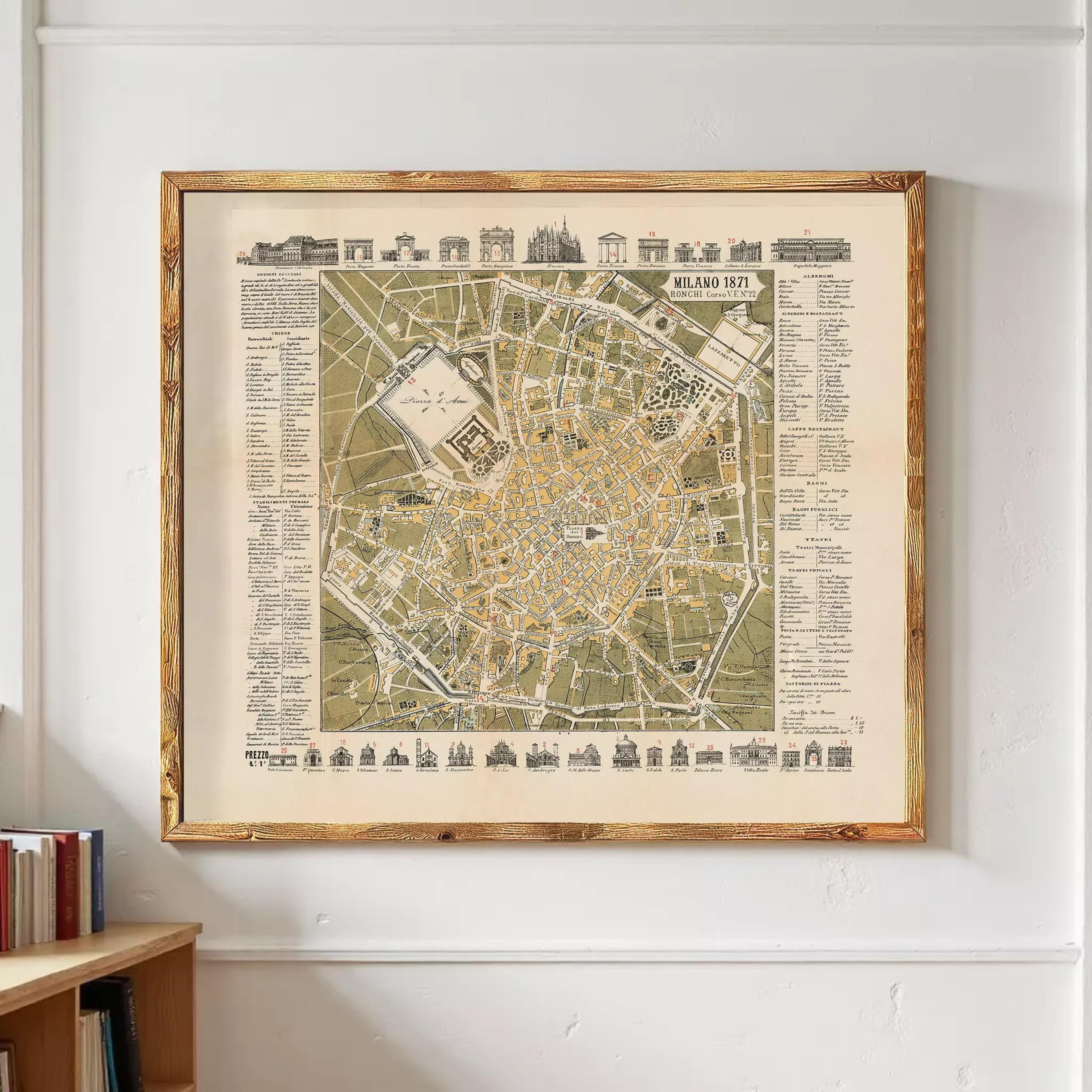 The image is a framed map of Milan, Italy, depicting the city's layout and landmarks.