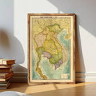 The image is a framed vintage map of Southeast Asia, including countries such as Thailand, Vietnam, and Laos.